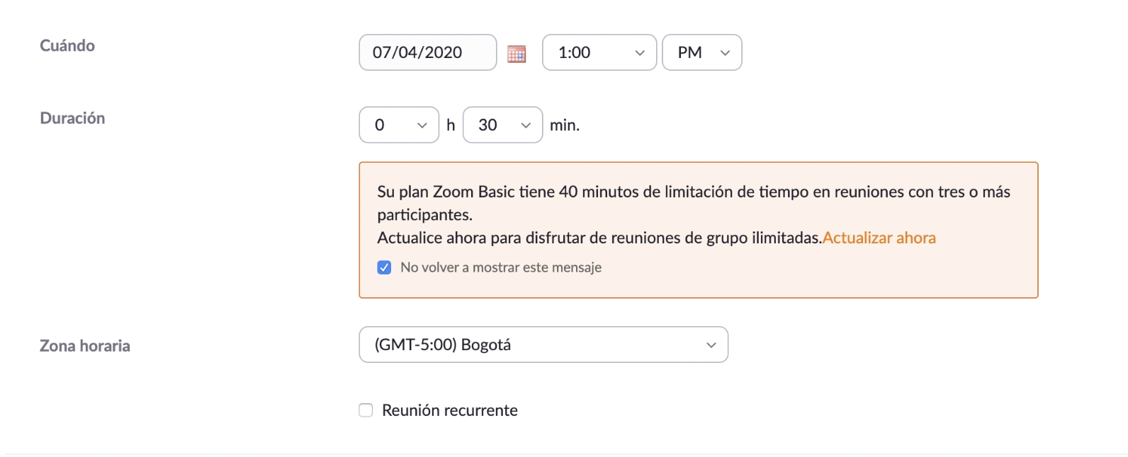 Modifica la fecha, duración y zona horaria de la reunión que vas a programar.